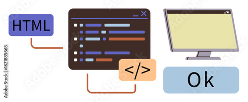 HTML tag linked to a code editor, completed with a closing tag, all connected to a computer screen and Ok status. Ideal for coding, technology, programming, learning, apps, web design workflows