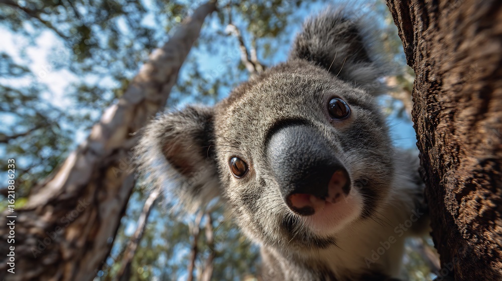 Obraz premium Adorable koala peeking from a tree trunk, with blurred natural background.