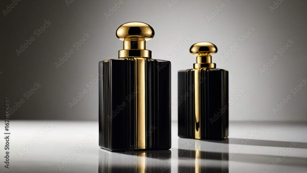 An elegant pair of classic black and gold perfume bottles symbolizing a luxurious and opulent fragrance for him and her An elegant pair of classic black and gold perfume bottles symbolizing a luxurious and opulent fragrance for him and her