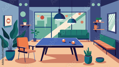 A spacious break room featuring a ping pong table and lounging area.