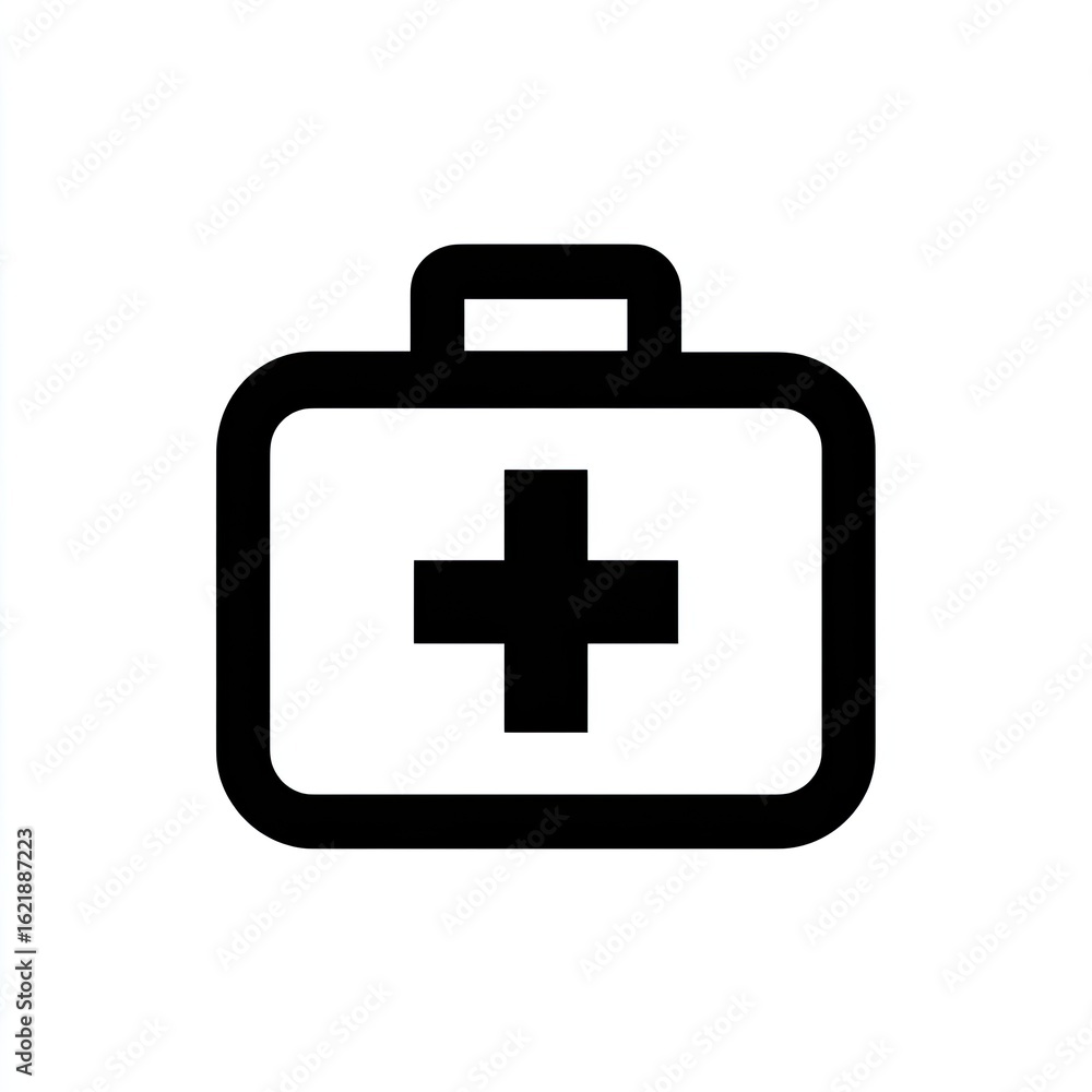 Simple black outline icon of a medical kit. A rectangular box with a top handle and a large plus sign inside Simple black outline icon of a medical kit. A rectangular box with a top handle and a large plus sign inside