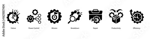 Reliable Output web banner icon vector illustration featuring Failure, Power Control, Mission, Breakdown, Repair, Productivity, and Efficiency.