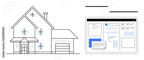 Wallpaper Mural Two main elements a house with architectural structure details and a digital dashboard with project management features. Ideal for architecture, project planning, real estate, home improvement Torontodigital.ca