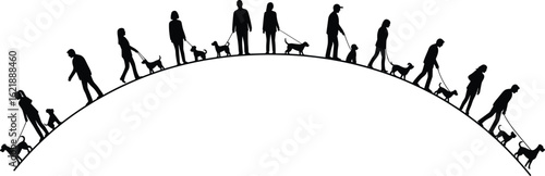 Silhouette illustration of people walking dogs along a curved path, pet owners and animals together in urban outdoor setting design