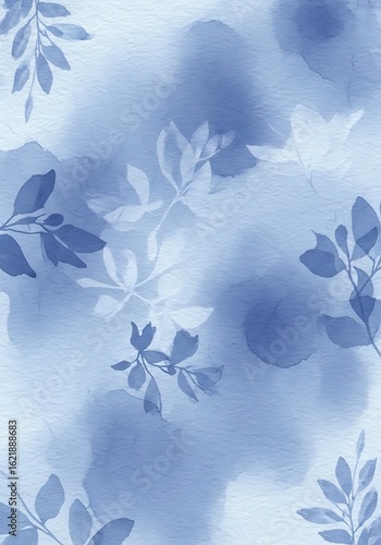 Delicate blue watercolor botanical background with soft floral elements and washes texture