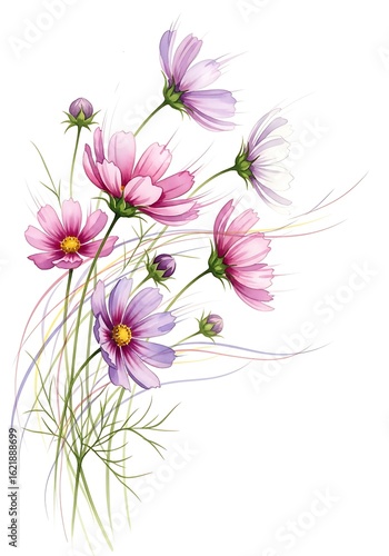 Delicate cosmos flowers watercolor painting with gentle pastel colors presentation