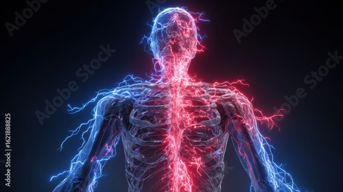 Abstract concept image of fullbody skeleton with glowing blue and red electric currents mapping the widespread agony in dengue infection.