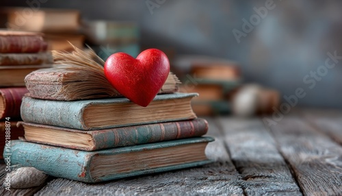Stack of antique books with red heart
