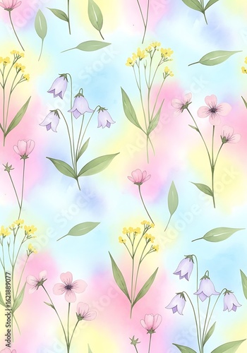 Delicate floral pattern with pastel watercolor background evoking spring serenity