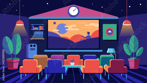 A room with comfortable seating and a large projection screen showcasing a documentary about an influential local artist.