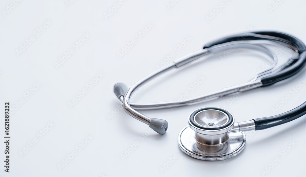 A medical stethoscope, silver and black, lies on a white surface A medical stethoscope, silver and black, lies on a white surface