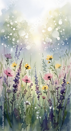 Delicate floral watercolor painting evoking a serene and dreamy spring meadow feeling
