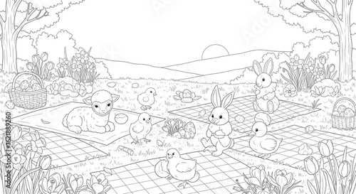 Wallpaper Mural Adorable Easter scene with bunnies, chicks, lamb, and eggs in a peaceful outdoor setting Torontodigital.ca