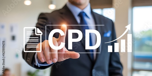 Businessman touching screen with C P D acronym and upward trending bar graph continuous professional development