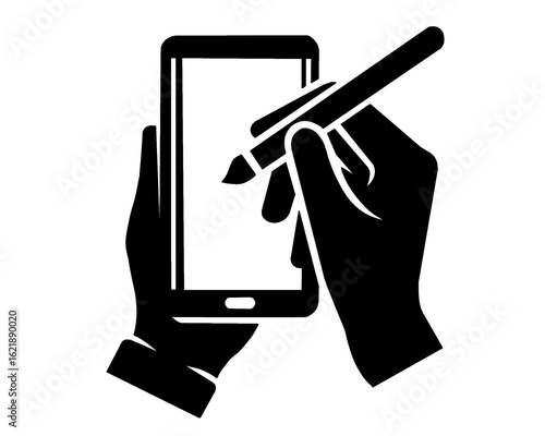 Silhouette of a hand holding a mobile phone. Image of holding a smartphone with two hands and a stylus pen, vector illustration, icon isolated on a white background.
