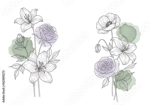 Elegant floral line art illustration with watercolor accents showcasing delicate flower bouquets
