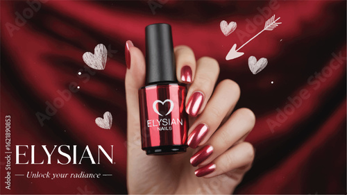 Glamorous red nail polish bottle held by hand with matching nails holding