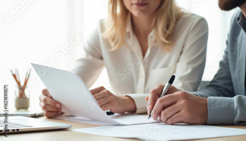 Businesspeople Reviewing Documents and Signing Agreement.