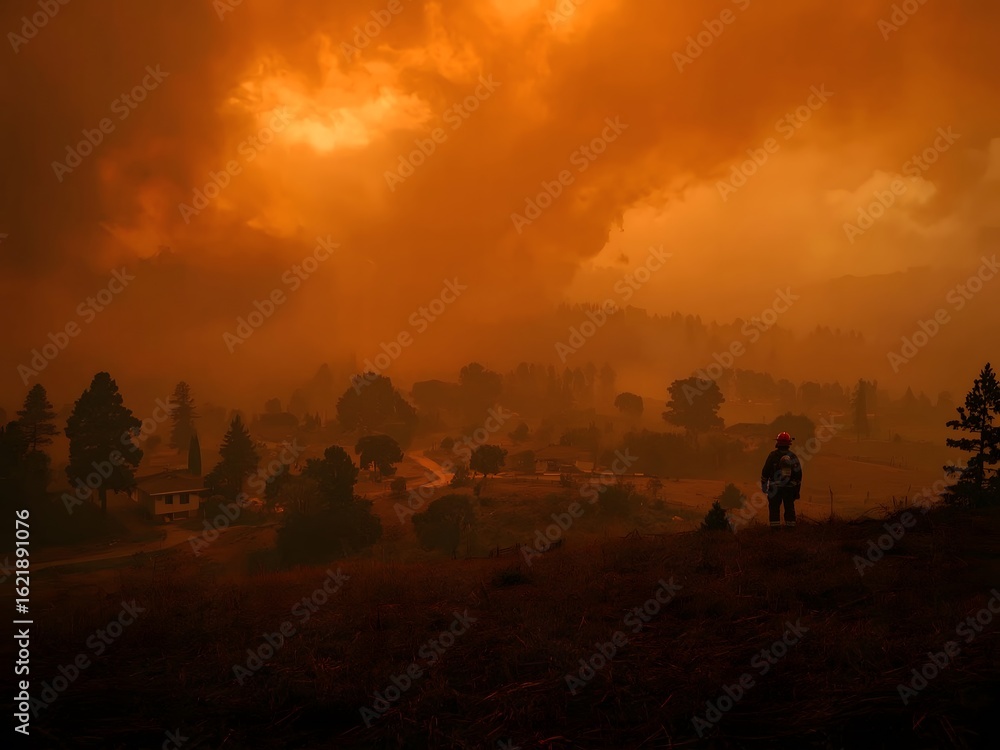 Fototapeta premium Firefighter observing wildfire damage orange smoke obscures rural landscape