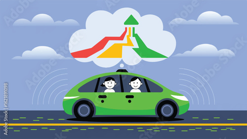 Green car occupants observe upward trending graphs in thought bubble people driving