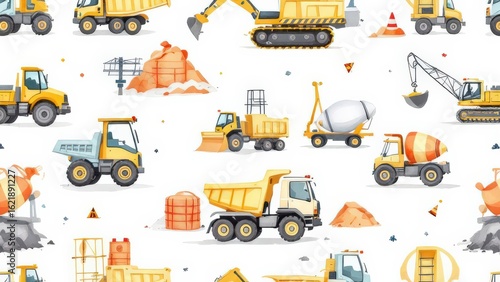 Childrens Watercolor Art Featuring Heavy Construction Vehicles and Equipment in a Busy Worksite