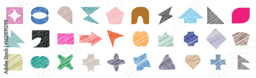 Scrible basic shape. Colorful paint geometric shape sticker, crayon special label, chalk badge star, grunge retro figure, charcoal simple form. Naive brutal figures background. 