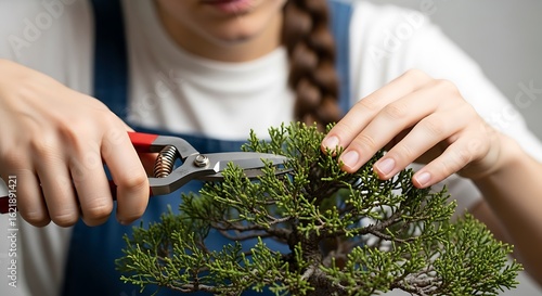 Woman in an apron meticulously shaping a green bonsai tree with clippers. Home gardening and zen lifestyle.