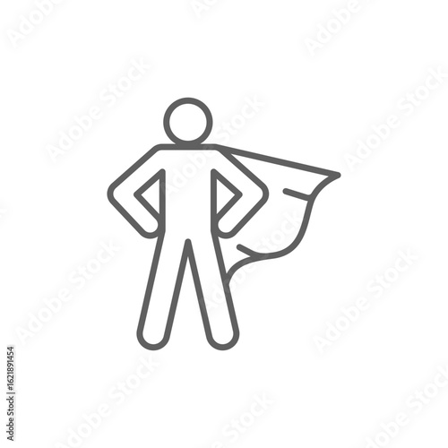 Heroic man with cape icon, superhero symbol in thin line style, bravery and super power representation, proud confident pose. Editable stroke