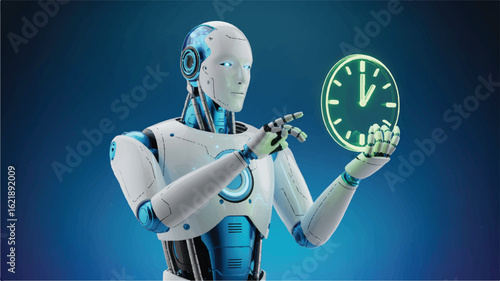 White humanoid robot with blue accents holding a glowing green clock android artificial intelligence