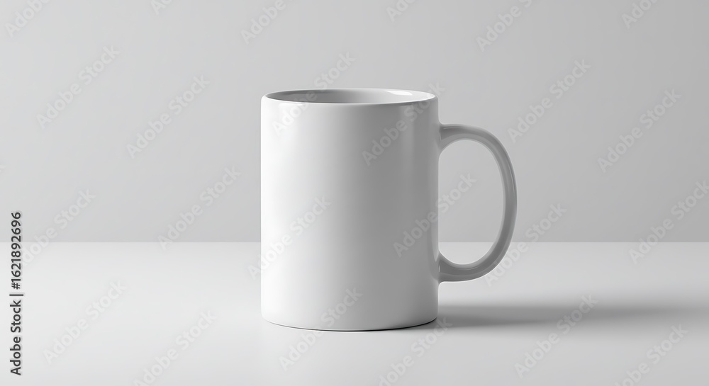 Fototapeta premium A plain white ceramic mug sits on a white surface, ready for use.