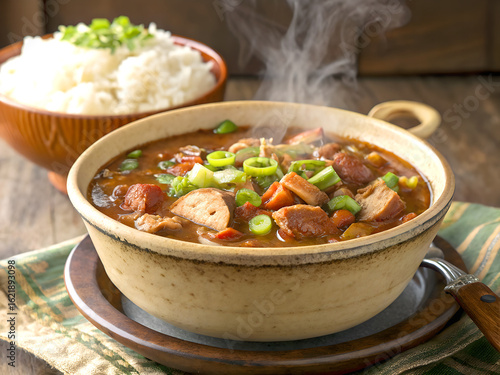 Steaming Hot Hearty Louisiana Gumbo with Sausage and Okra