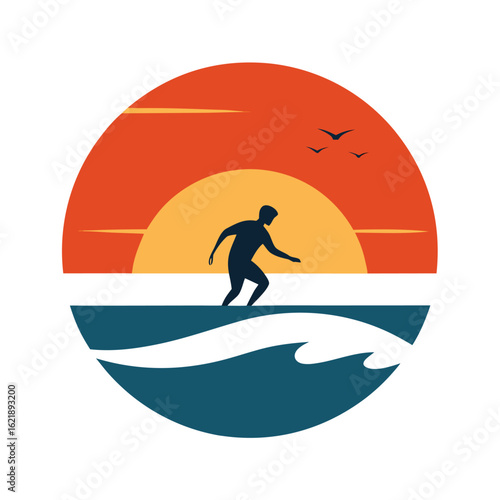 vector vintage sunset with surfer silhouette