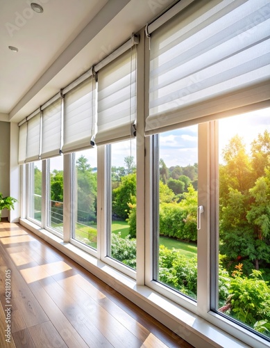Modern windows with blinds overlooking a garden