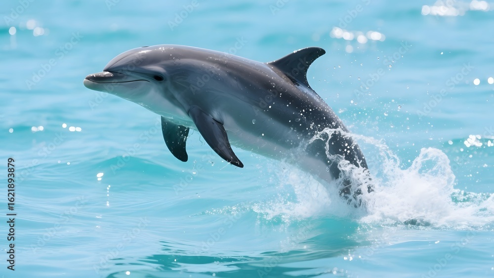 Fototapeta premium Dolphin leaping gracefully out of the turquoise ocean waters