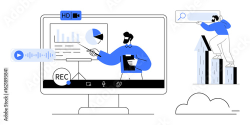 Person conducting an online presentation with charts, graphs, recording tools, and search exploration. Ideal for virtual learning, webinars, online communication, data sharing, remote work content