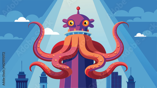 A towering interactive sculpture of a giant octopus its tentacles reaching towards the ceiling as if swimming in the ocean.