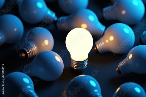 Innovation idea: one bright bulb glowing confidently among uniform unlit bulbs, isolated in frame
