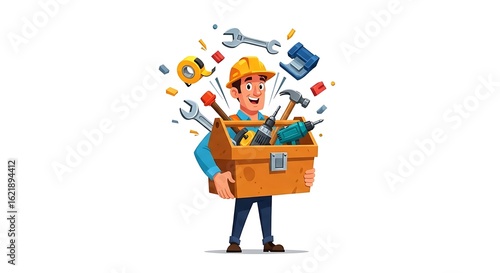 Enthusiastic cartoon construction worker carrying toolbox filled with tools  ready for tasks