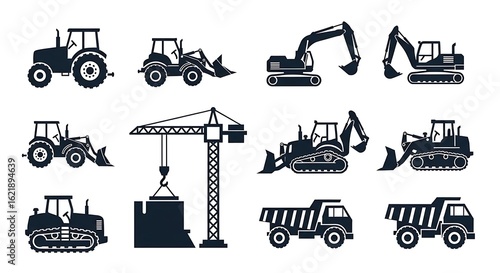 Construction Equipment Vector Illustration featuring Tractors, Excavators and Dump Trucks
