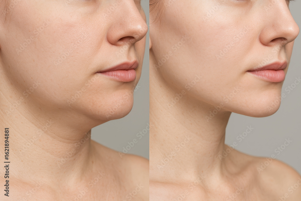 Double chin reduction and lower jaw contour enhancement before after comparison, right profile, bright neutral background, cosmetic surgery concept Double chin reduction and lower jaw contour enhancement before after comparison, right profile, bright neutral background, cosmetic surgery concept