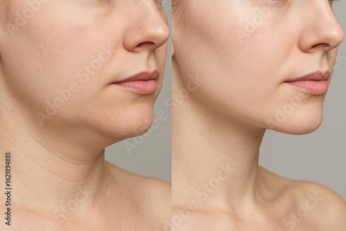 Double chin reduction and lower jaw contour enhancement before after comparison, right profile, bright neutral background, cosmetic surgery concept