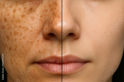 Skin texture improvement before and after comparison, enlarged cheek and lip area, realistic facial pore reduction, ideal for anti-aging product ads