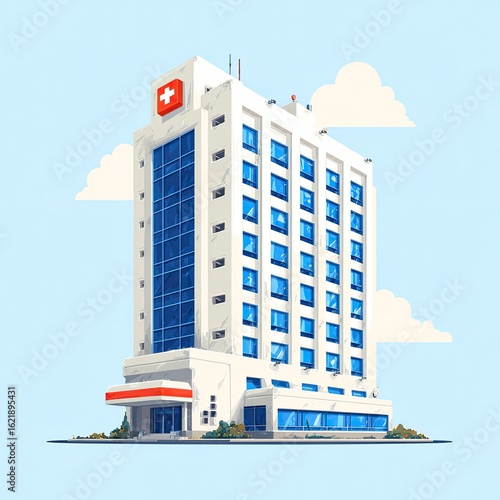 Modern hospital building illustration.  Elevated, stylized, white structure with blue windows, a red cross emblem, and a flat, light-blue background