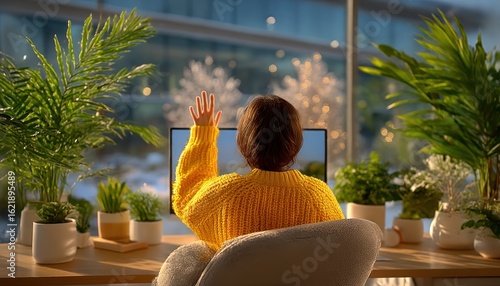 Woman waving at computer in sunny room