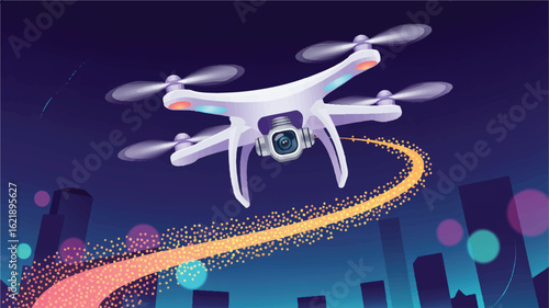 White drone flying over futuristic city at night vector