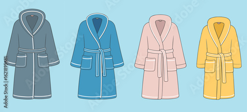  Technical Drawing of a Terry Cloth Robe with Hood, Tie Belt, and Pockets, Multiple Colorways, for Men and Women, Apparel Mockup
