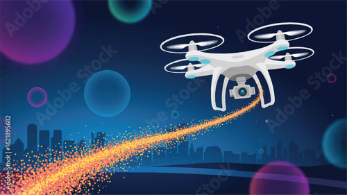 White drone flying over city emitting light particles quadcopter aerial vehicle