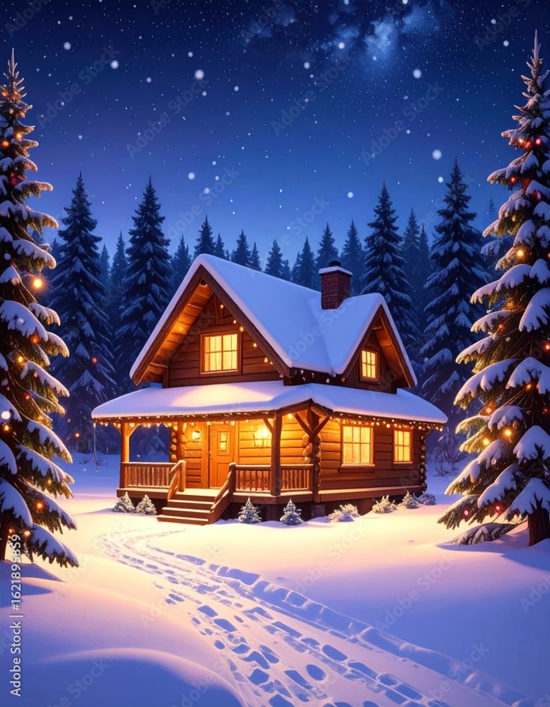 Fototapeta premium Snowy cabin at night (2)
