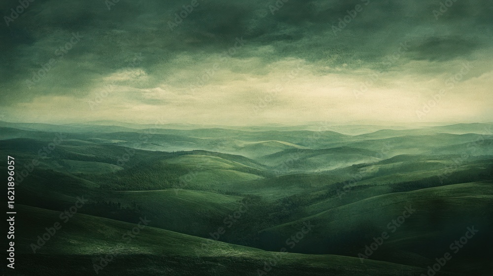 Fototapeta premium Misty mountain range, dramatic sky, ethereal landscape