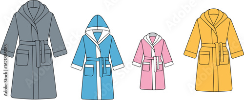  Technical Drawing of a Terry Cloth Robe with Hood, Tie Belt, and Pockets, Multiple Colorways, for Men and Women, Apparel Mockup